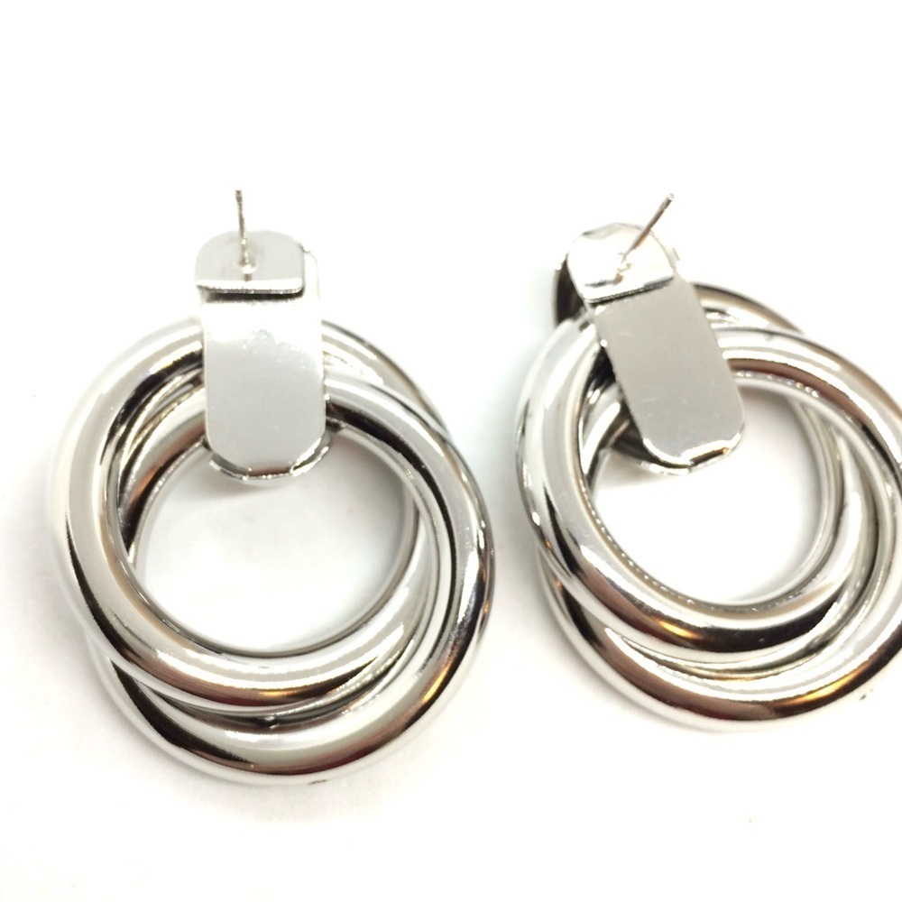 VINTAGE 80S 90S LARGE HOOP EARRINGS DOUBLE CIRCLES SILVER TONE STATEMENT - Picture 11 of 13